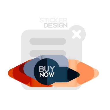 Düz tasarım üçgen ok şekli geometrik etiket simgesi, kağıt tarzı tasarım ile satın iş veya web sunumu, app veya arayüzü düğmeleri, internet web sitesi için örnek metin depolamak şimdi afiş