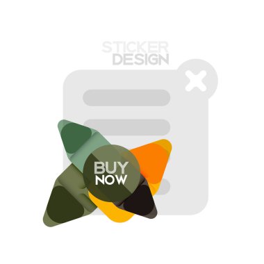 Düz tasarım üçgen ok şekli geometrik etiket simgesi, kağıt tarzı tasarım ile satın iş veya web sunumu, app veya arayüzü düğmeleri, internet web sitesi için örnek metin depolamak şimdi afiş