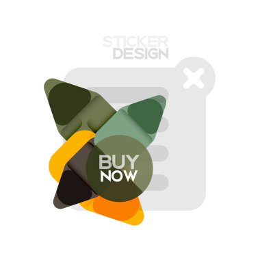 Düz tasarım üçgen ok şekli geometrik etiket simgesi, kağıt tarzı tasarım ile satın iş veya web sunumu, app veya arayüzü düğmeleri, internet web sitesi için örnek metin depolamak şimdi afiş