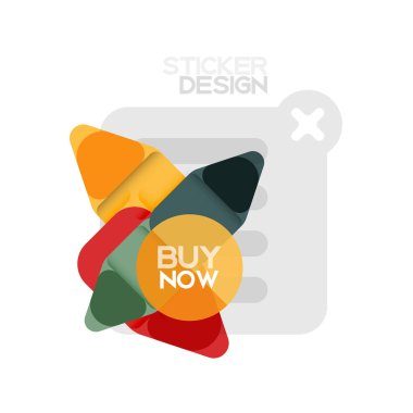 Düz tasarım üçgen ok şekli geometrik etiket simgesi, kağıt tarzı tasarım ile satın iş veya web sunumu, app veya arayüzü düğmeleri, internet web sitesi için örnek metin depolamak şimdi afiş