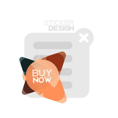 Düz tasarım üçgen ok şekli geometrik etiket simgesi, kağıt tarzı tasarım ile satın iş veya web sunumu, app veya arayüzü düğmeleri, internet web sitesi için örnek metin depolamak şimdi afiş