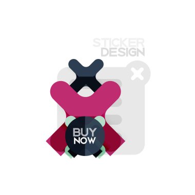 Düz tasarım çapraz şekil geometrik etiket simge, kağıt tarzı tasarım şimdi satın almak ile iş veya web sunum, app veya arayüzü düğmeleri için örnek metin