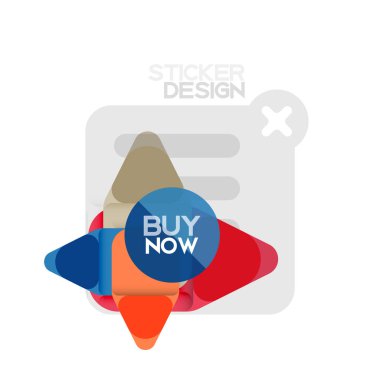 Düz tasarım üçgen ok şekli geometrik etiket simgesi, kağıt tarzı tasarım ile satın iş veya web sunumu, app veya arayüzü düğmeleri, internet web sitesi için örnek metin depolamak şimdi afiş