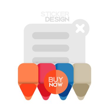 Düz tasarım üçgen ok şekli geometrik etiket simgesi, kağıt tarzı tasarım ile satın iş veya web sunumu, app veya arayüzü düğmeleri, internet web sitesi için örnek metin depolamak şimdi afiş