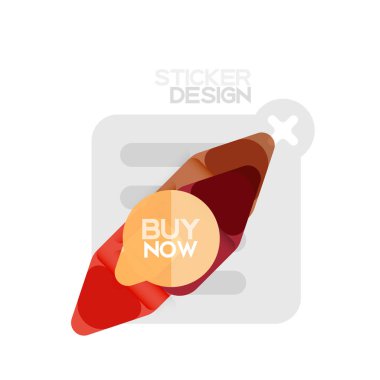 Düz tasarım üçgen ok şekli geometrik etiket simgesi, kağıt tarzı tasarım ile satın iş veya web sunumu, app veya arayüzü düğmeleri, internet web sitesi için örnek metin depolamak şimdi afiş