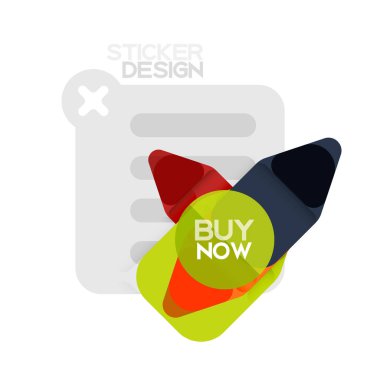 Düz tasarım üçgen ok şekli geometrik etiket simgesi, kağıt tarzı tasarım ile satın iş veya web sunumu, app veya arayüzü düğmeleri, internet web sitesi için örnek metin depolamak şimdi afiş