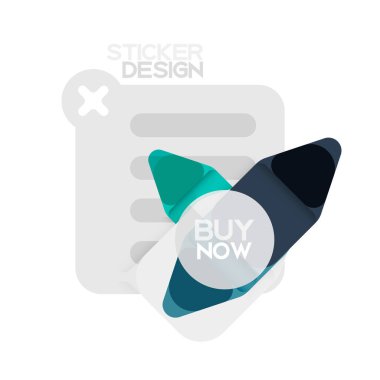 Düz tasarım üçgen ok şekli geometrik etiket simgesi, kağıt tarzı tasarım ile satın iş veya web sunumu, app veya arayüzü düğmeleri, internet web sitesi için örnek metin depolamak şimdi afiş