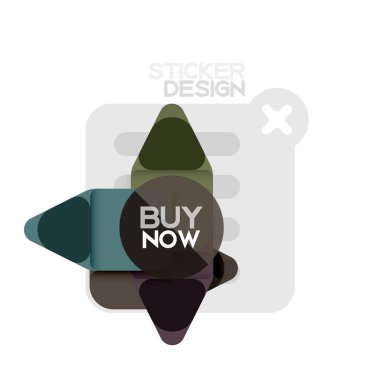 Düz tasarım üçgen ok şekli geometrik etiket simgesi, kağıt tarzı tasarım ile satın iş veya web sunumu, app veya arayüzü düğmeleri, internet web sitesi için örnek metin depolamak şimdi afiş