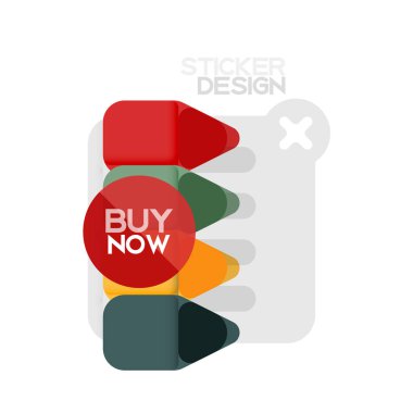 Düz tasarım üçgen ok şekli geometrik etiket simgesi, kağıt tarzı tasarım ile satın iş veya web sunumu, app veya arayüzü düğmeleri, internet web sitesi için örnek metin depolamak şimdi afiş