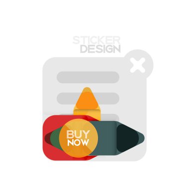 Düz tasarım üçgen ok şekli geometrik etiket simgesi, kağıt tarzı tasarım ile satın iş veya web sunumu, app veya arayüzü düğmeleri, internet web sitesi için örnek metin depolamak şimdi afiş