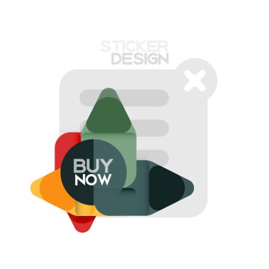 Düz tasarım üçgen ok şekli geometrik etiket simgesi, kağıt tarzı tasarım ile satın iş veya web sunumu, app veya arayüzü düğmeleri, internet web sitesi için örnek metin depolamak şimdi afiş