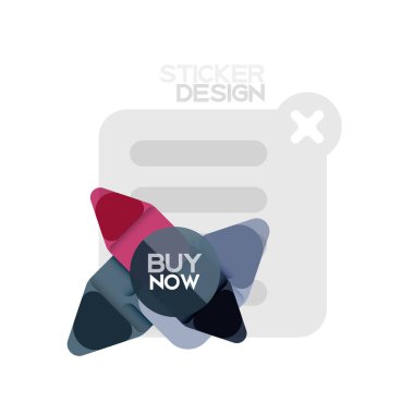 Düz tasarım üçgen ok şekli geometrik etiket simgesi, kağıt tarzı tasarım ile satın iş veya web sunumu, app veya arayüzü düğmeleri, internet web sitesi için örnek metin depolamak şimdi afiş