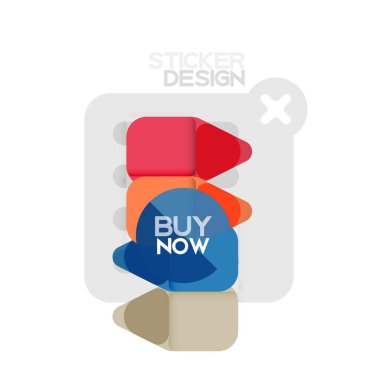 Düz tasarım üçgen ok şekli geometrik etiket simgesi, kağıt tarzı tasarım ile satın iş veya web sunumu, app veya arayüzü düğmeleri, internet web sitesi için örnek metin depolamak şimdi afiş