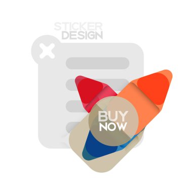 Düz tasarım üçgen ok şekli geometrik etiket simgesi, kağıt tarzı tasarım ile satın iş veya web sunumu, app veya arayüzü düğmeleri, internet web sitesi için örnek metin depolamak şimdi afiş