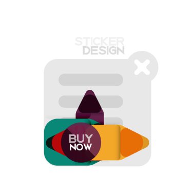 Düz tasarım üçgen ok şekli geometrik etiket simgesi, kağıt tarzı tasarım ile satın iş veya web sunumu, app veya arayüzü düğmeleri, internet web sitesi için örnek metin depolamak şimdi afiş