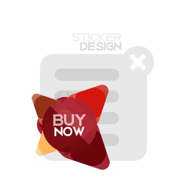 Düz tasarım üçgen ok şekli geometrik etiket simgesi, kağıt tarzı tasarım ile satın iş veya web sunumu, app veya arayüzü düğmeleri, internet web sitesi için örnek metin depolamak şimdi afiş