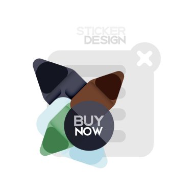 Düz tasarım üçgen ok şekli geometrik etiket simgesi, kağıt tarzı tasarım ile satın iş veya web sunumu, app veya arayüzü düğmeleri, internet web sitesi için örnek metin depolamak şimdi afiş