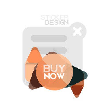 Düz tasarım üçgen ok şekli geometrik etiket simgesi, kağıt tarzı tasarım ile satın iş veya web sunumu, app veya arayüzü düğmeleri, internet web sitesi için örnek metin depolamak şimdi afiş