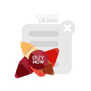 Düz tasarım üçgen ok şekli geometrik etiket simgesi, kağıt tarzı tasarım ile satın iş veya web sunumu, app veya arayüzü düğmeleri, internet web sitesi için örnek metin depolamak şimdi afiş