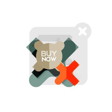 Düz tasarım çapraz şekil geometrik etiket simge, kağıt tarzı tasarım şimdi satın almak ile iş veya web sunum, app veya arayüzü düğmeleri için örnek metin