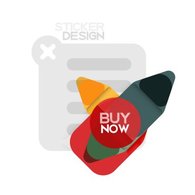 Düz tasarım üçgen ok şekli geometrik etiket simgesi, kağıt tarzı tasarım ile satın iş veya web sunumu, app veya arayüzü düğmeleri, internet web sitesi için örnek metin depolamak şimdi afiş