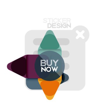 Düz tasarım üçgen ok şekli geometrik etiket simgesi, kağıt tarzı tasarım ile satın iş veya web sunumu, app veya arayüzü düğmeleri, internet web sitesi için örnek metin depolamak şimdi afiş