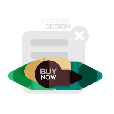 Düz tasarım üçgen ok şekli geometrik etiket simgesi, kağıt tarzı tasarım ile satın iş veya web sunumu, app veya arayüzü düğmeleri, internet web sitesi için örnek metin depolamak şimdi afiş