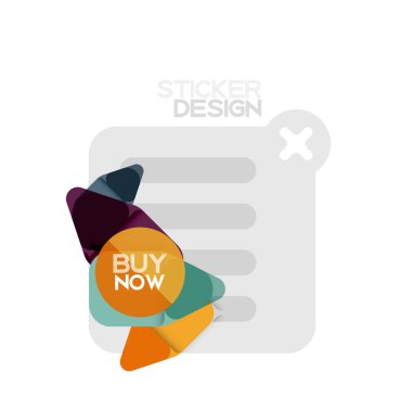 Düz tasarım üçgen ok şekli geometrik etiket simgesi, kağıt tarzı tasarım ile satın iş veya web sunumu, app veya arayüzü düğmeleri, internet web sitesi için örnek metin depolamak şimdi afiş