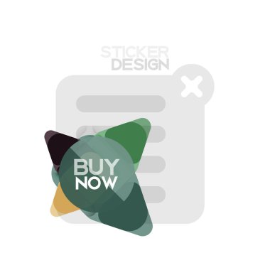 Düz tasarım üçgen ok şekli geometrik etiket simgesi, kağıt tarzı tasarım ile satın iş veya web sunumu, app veya arayüzü düğmeleri, internet web sitesi için örnek metin depolamak şimdi afiş