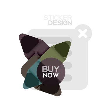 Düz tasarım üçgen ok şekli geometrik etiket simgesi, kağıt tarzı tasarım ile satın iş veya web sunumu, app veya arayüzü düğmeleri, internet web sitesi için örnek metin depolamak şimdi afiş