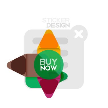 Düz tasarım üçgen ok şekli geometrik etiket simgesi, kağıt tarzı tasarım ile satın iş veya web sunumu, app veya arayüzü düğmeleri, internet web sitesi için örnek metin depolamak şimdi afiş