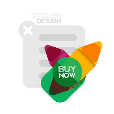 Düz tasarım üçgen ok şekli geometrik etiket simgesi, kağıt tarzı tasarım ile satın iş veya web sunumu, app veya arayüzü düğmeleri, internet web sitesi için örnek metin depolamak şimdi afiş