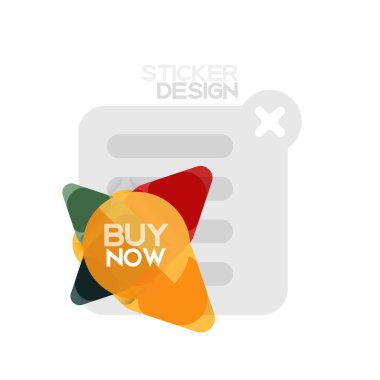 Düz tasarım üçgen ok şekli geometrik etiket simgesi, kağıt tarzı tasarım ile satın iş veya web sunumu, app veya arayüzü düğmeleri, internet web sitesi için örnek metin depolamak şimdi afiş