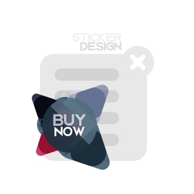 Düz tasarım üçgen ok şekli geometrik etiket simgesi, kağıt tarzı tasarım ile satın iş veya web sunumu, app veya arayüzü düğmeleri, internet web sitesi için örnek metin depolamak şimdi afiş