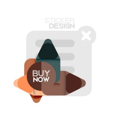 Düz tasarım üçgen ok şekli geometrik etiket simgesi, kağıt tarzı tasarım ile satın iş veya web sunumu, app veya arayüzü düğmeleri, internet web sitesi için örnek metin depolamak şimdi afiş