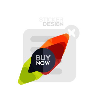 Düz tasarım üçgen ok şekli geometrik etiket simgesi, kağıt tarzı tasarım ile satın iş veya web sunumu, app veya arayüzü düğmeleri, internet web sitesi için örnek metin depolamak şimdi afiş