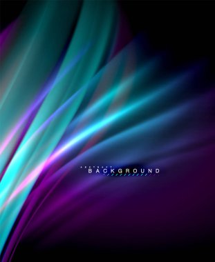 Neon parlayan dalga, sihirli enerji ve ışık arka plan. Vektör duvar kağıdı şablonu