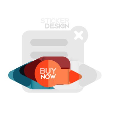 Düz tasarım üçgen ok şekli geometrik etiket simgesi, kağıt tarzı tasarım ile satın iş veya web sunumu, app veya arayüzü düğmeleri, internet web sitesi için örnek metin depolamak şimdi afiş