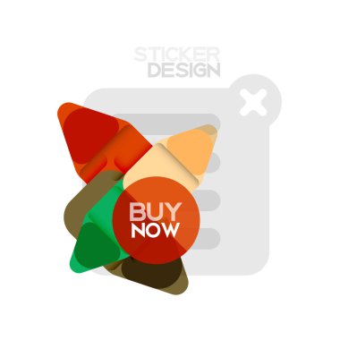 Düz tasarım üçgen ok şekli geometrik etiket simgesi, kağıt tarzı tasarım ile satın iş veya web sunumu, app veya arayüzü düğmeleri, internet web sitesi için örnek metin depolamak şimdi afiş