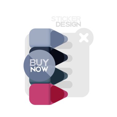 Düz tasarım üçgen ok şekli geometrik etiket simgesi, kağıt tarzı tasarım ile satın iş veya web sunumu, app veya arayüzü düğmeleri, internet web sitesi için örnek metin depolamak şimdi afiş