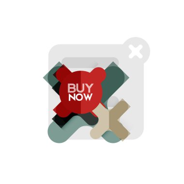 Düz tasarım çapraz şekil geometrik etiket simge, kağıt tarzı tasarım şimdi satın almak ile iş veya web sunum, app veya arayüzü düğmeleri için örnek metin