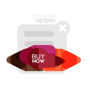 Düz tasarım üçgen ok şekli geometrik etiket simgesi, kağıt tarzı tasarım ile satın iş veya web sunumu, app veya arayüzü düğmeleri, internet web sitesi için örnek metin depolamak şimdi afiş