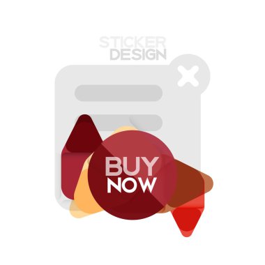 Düz tasarım üçgen ok şekli geometrik etiket simgesi, kağıt tarzı tasarım ile satın iş veya web sunumu, app veya arayüzü düğmeleri, internet web sitesi için örnek metin depolamak şimdi afiş