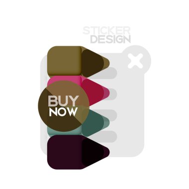 Düz tasarım üçgen ok şekli geometrik etiket simgesi, kağıt tarzı tasarım ile satın iş veya web sunumu, app veya arayüzü düğmeleri, internet web sitesi için örnek metin depolamak şimdi afiş