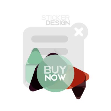 Düz tasarım üçgen ok şekli geometrik etiket simgesi, kağıt tarzı tasarım ile satın iş veya web sunumu, app veya arayüzü düğmeleri, internet web sitesi için örnek metin depolamak şimdi afiş