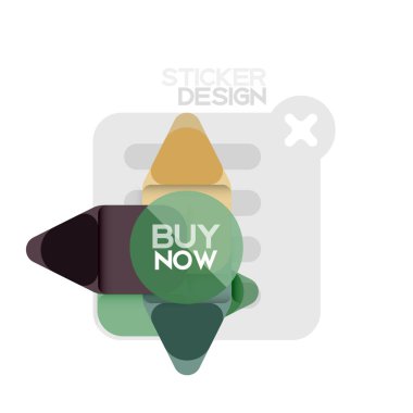 Düz tasarım üçgen ok şekli geometrik etiket simgesi, kağıt tarzı tasarım ile satın iş veya web sunumu, app veya arayüzü düğmeleri, internet web sitesi için örnek metin depolamak şimdi afiş