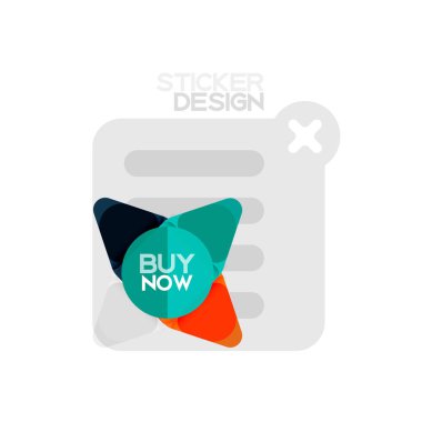 Düz tasarım üçgen ok şekli geometrik etiket simgesi, kağıt tarzı tasarım ile satın iş veya web sunumu, app veya arayüzü düğmeleri, internet web sitesi için örnek metin depolamak şimdi afiş