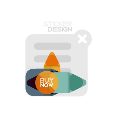 Düz tasarım üçgen ok şekli geometrik etiket simgesi, kağıt tarzı tasarım ile satın iş veya web sunumu, app veya arayüzü düğmeleri, internet web sitesi için örnek metin depolamak şimdi afiş