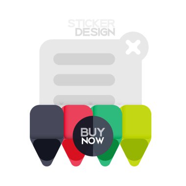 Düz tasarım üçgen ok şekli geometrik etiket simgesi, kağıt tarzı tasarım ile satın iş veya web sunumu, app veya arayüzü düğmeleri, internet web sitesi için örnek metin depolamak şimdi afiş