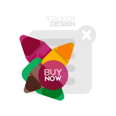 Düz tasarım üçgen ok şekli geometrik etiket simgesi, kağıt tarzı tasarım ile satın iş veya web sunumu, app veya arayüzü düğmeleri, internet web sitesi için örnek metin depolamak şimdi afiş